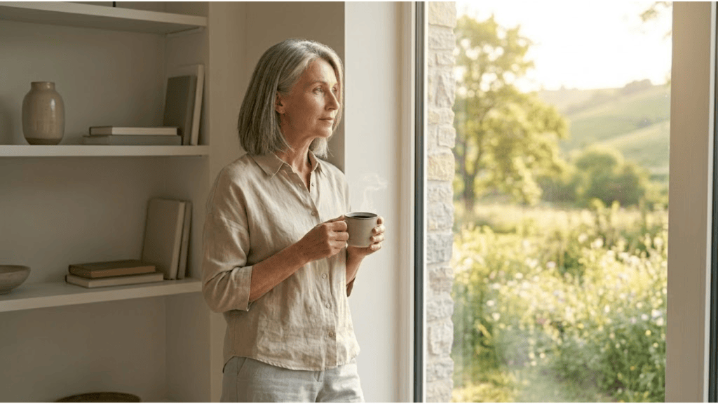 person in morning light reflecting on chronic stress and hormonal exhaustion