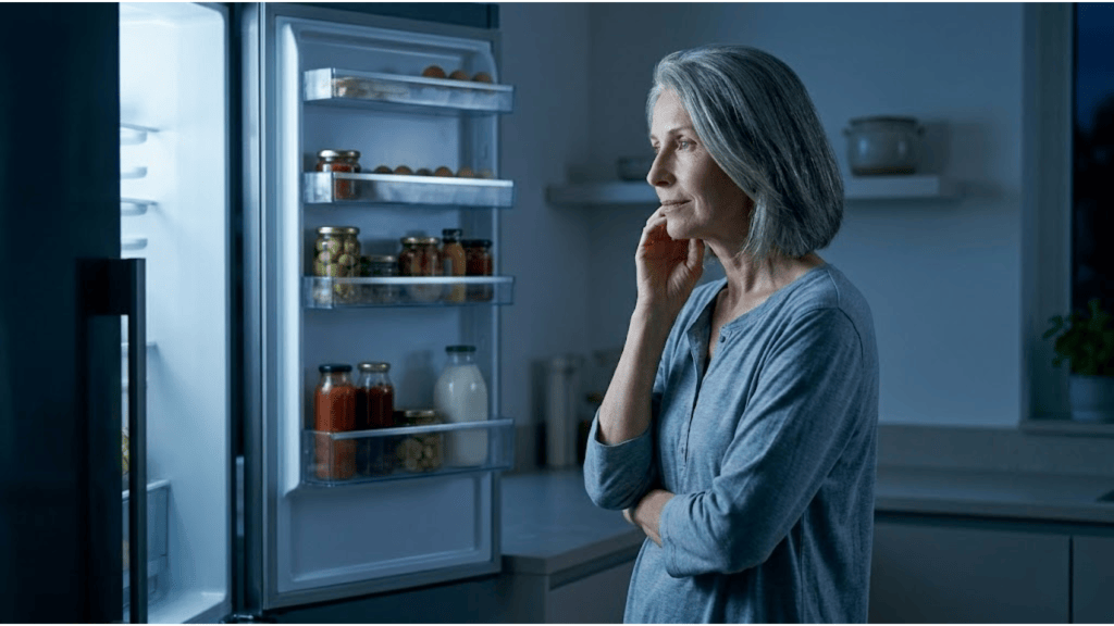 Adult looking inside refrigerator at night representing sleep-related hunger cravings