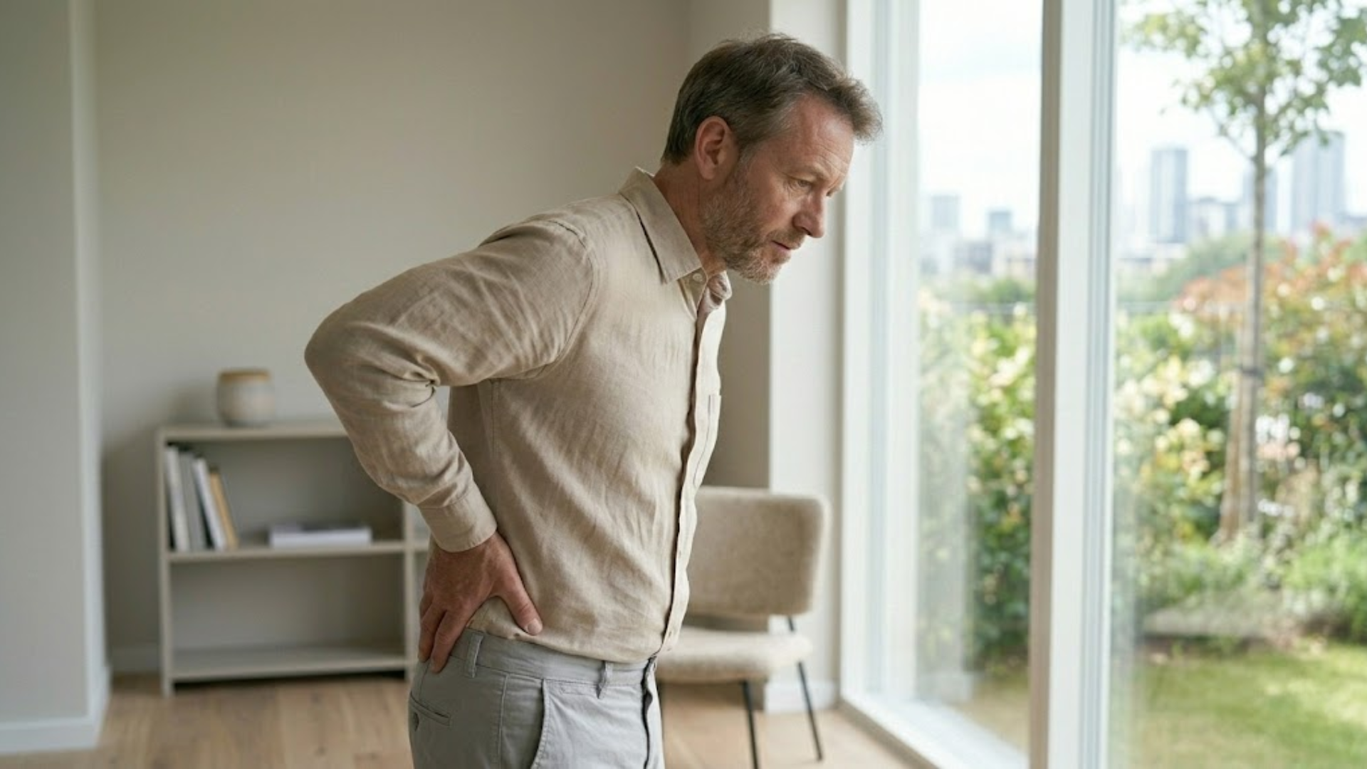 Middle-aged woman holding lower back representing early signs of bone loss
