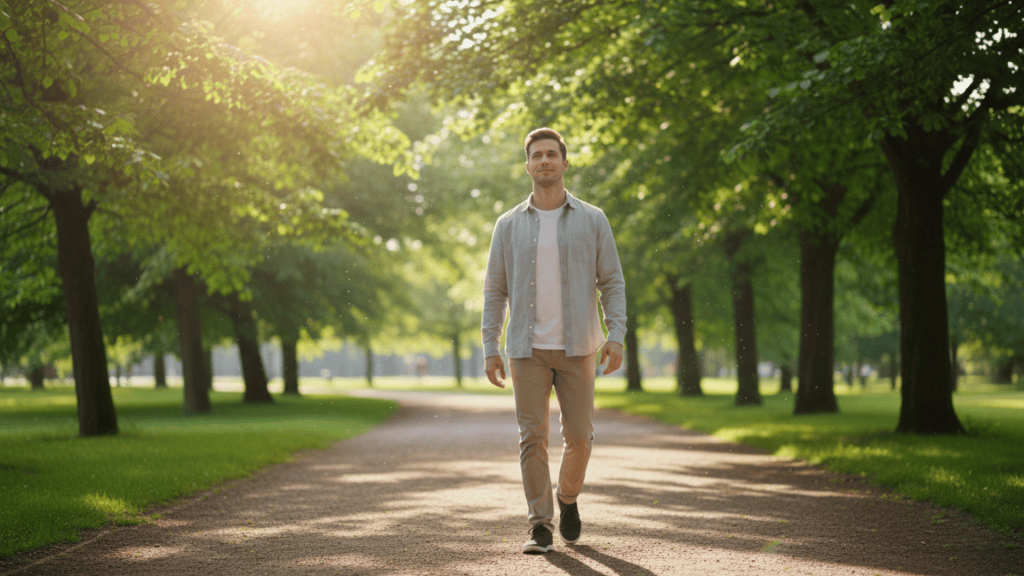 man walking peacefully in a sunny park representing a beginner mindfulness practice journey