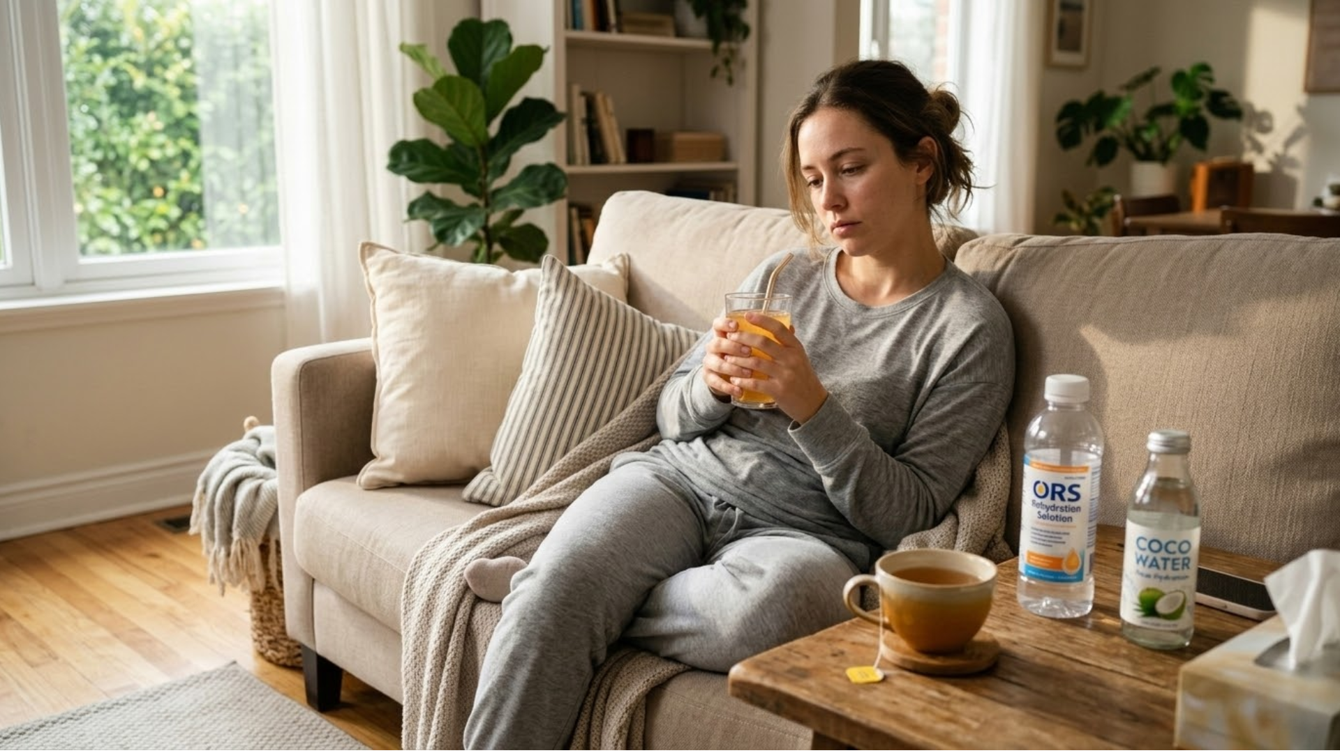 Person drinking electrolyte fluids while recovering from diarrhea and dehydration