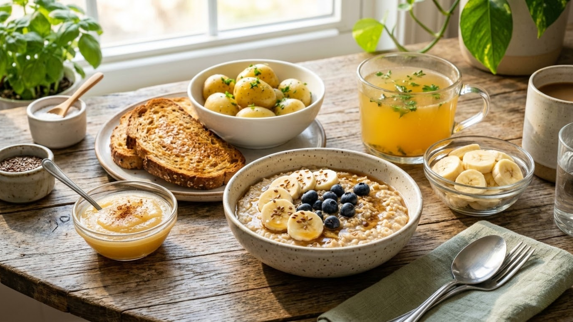 best foods to eat when you have diarrhea including oatmeal bananas toast boiled potatoes and broth
