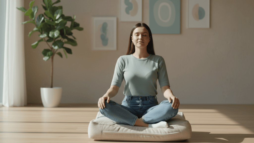 Person practicing box breathing indoors to calm down quickly and regulate the nervous system