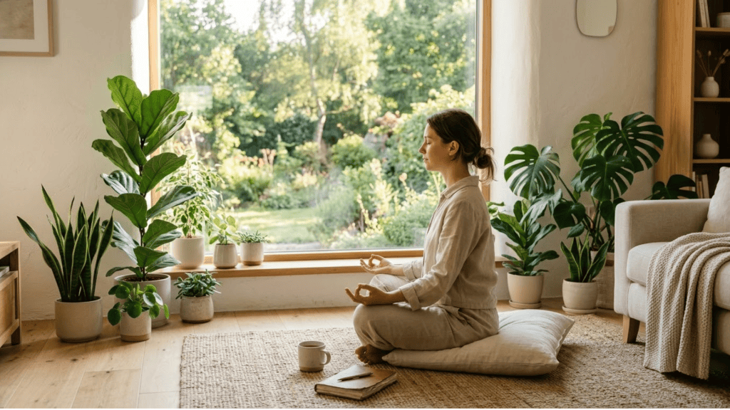 person practicing breathing meditation near a window as part of a daily mental health routine