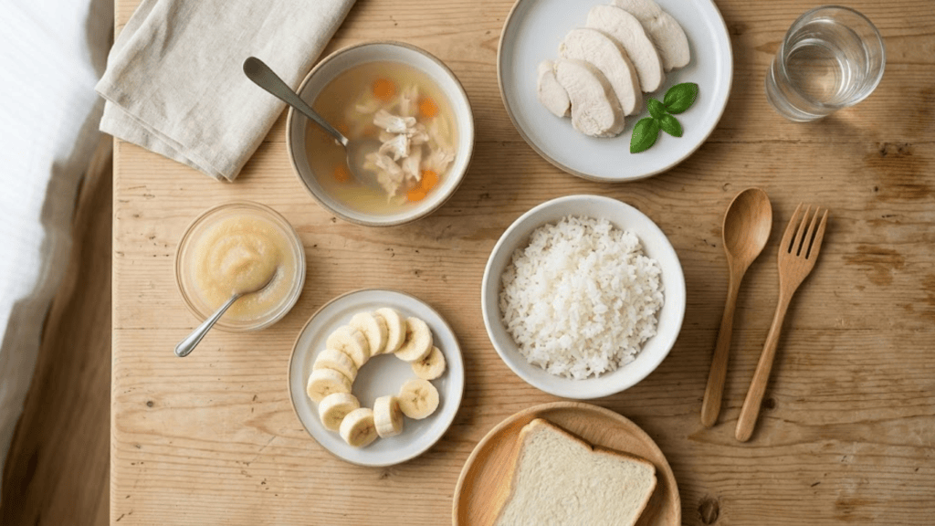 Bland diet foods including white rice toast banana applesauce chicken and clear broth