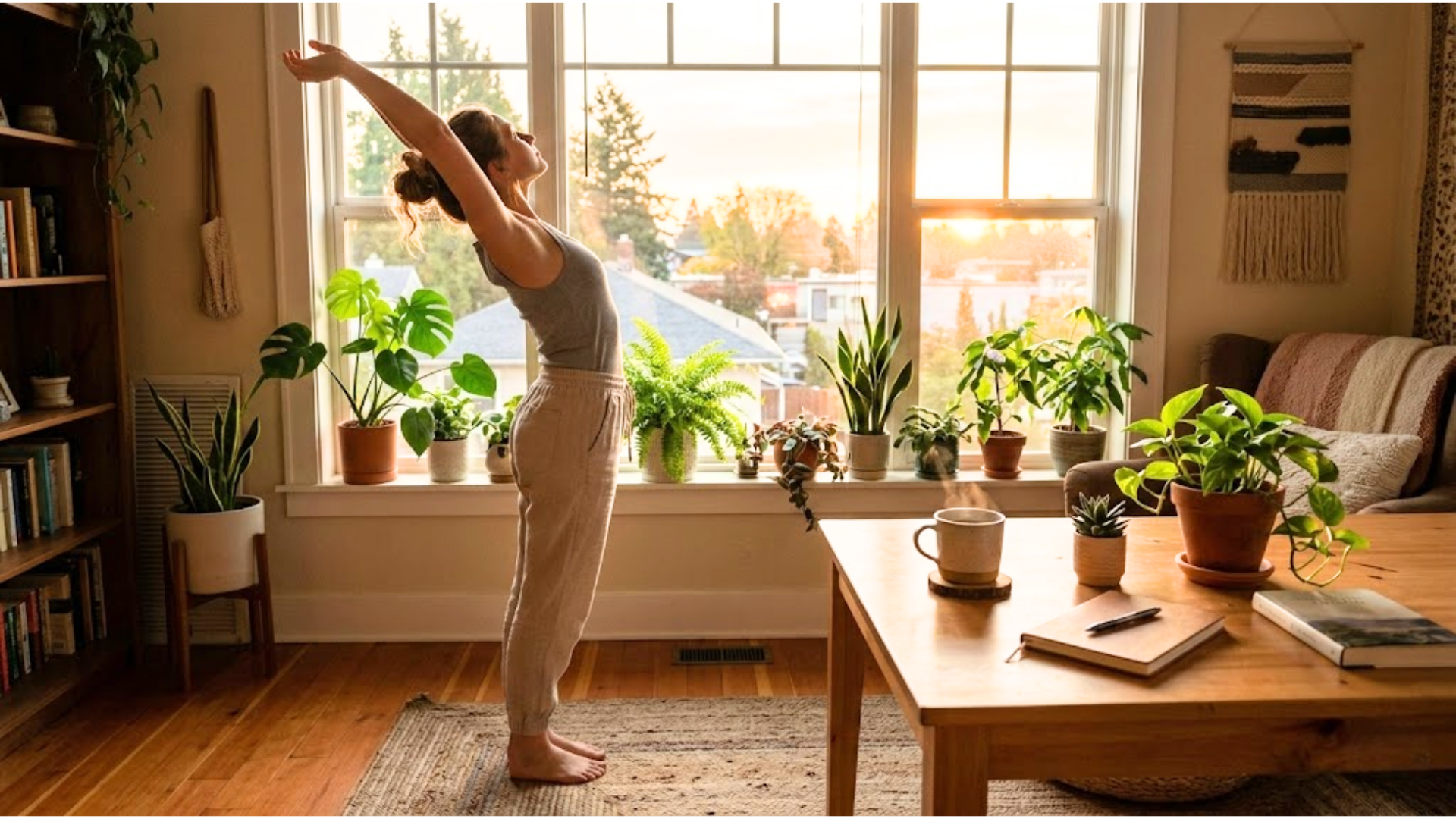 person stretching by a window during a daily mental health routine with morning sunlight and tea