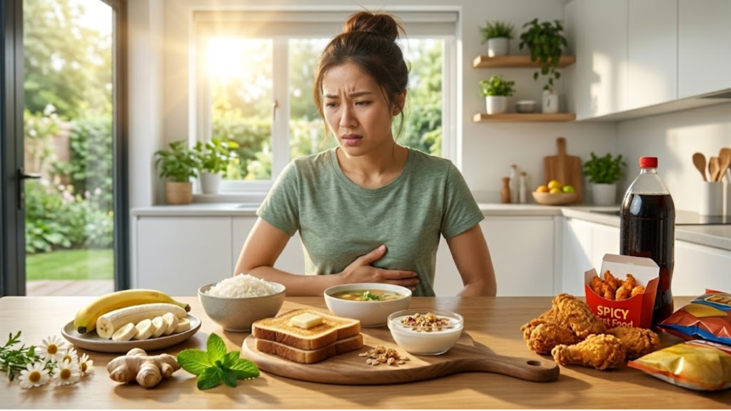 person holding stomach with digestive discomfort during diarrhea