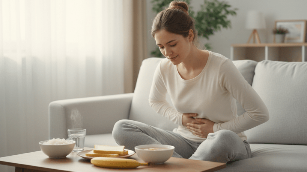 Person recovering from stomach illness with bananas toast rice and soup nearby