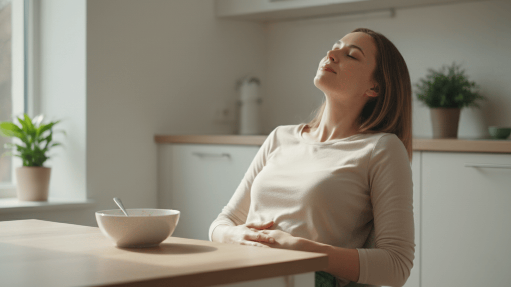 person feeling relieved after eating gentle foods during diarrhea recovery