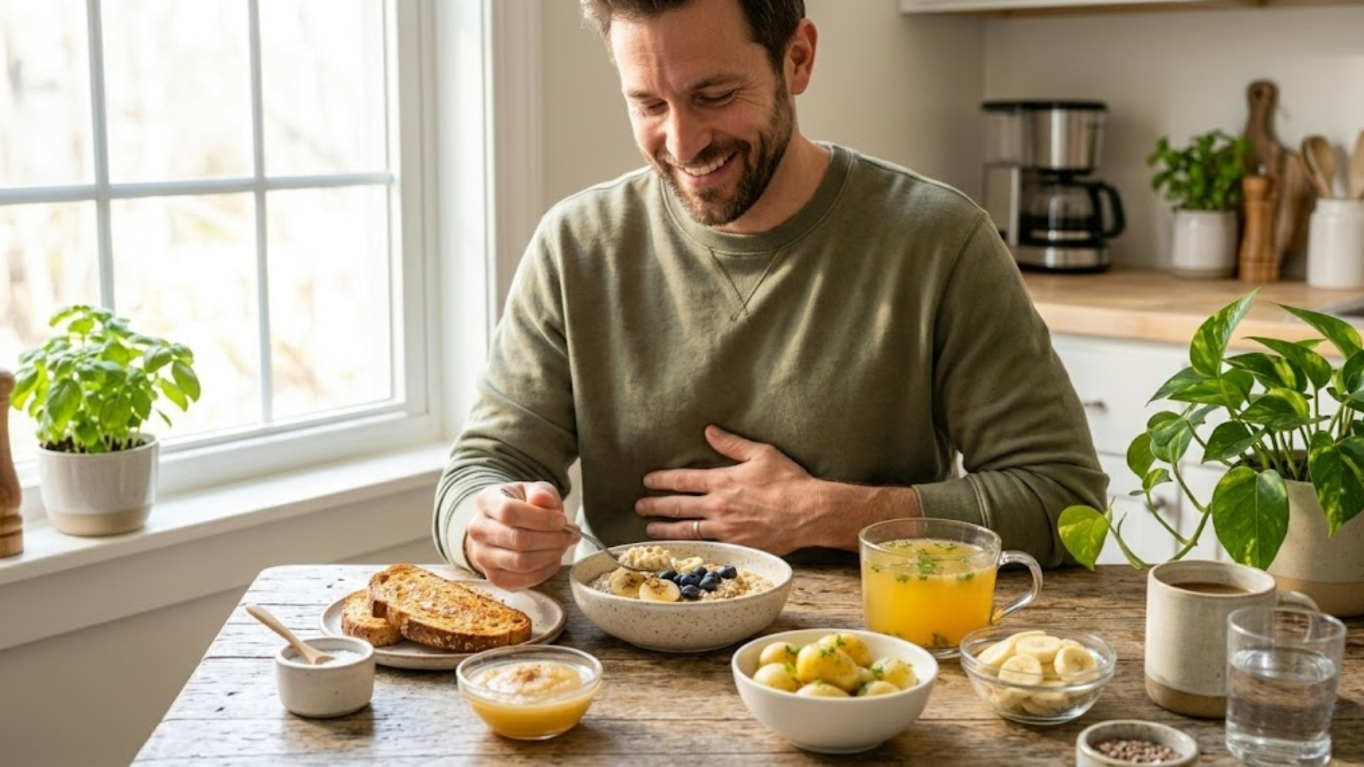 healthy man eating bland diet foods for digestive recovery