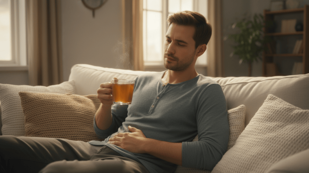 person resting with warm tea while recovering from digestive upset