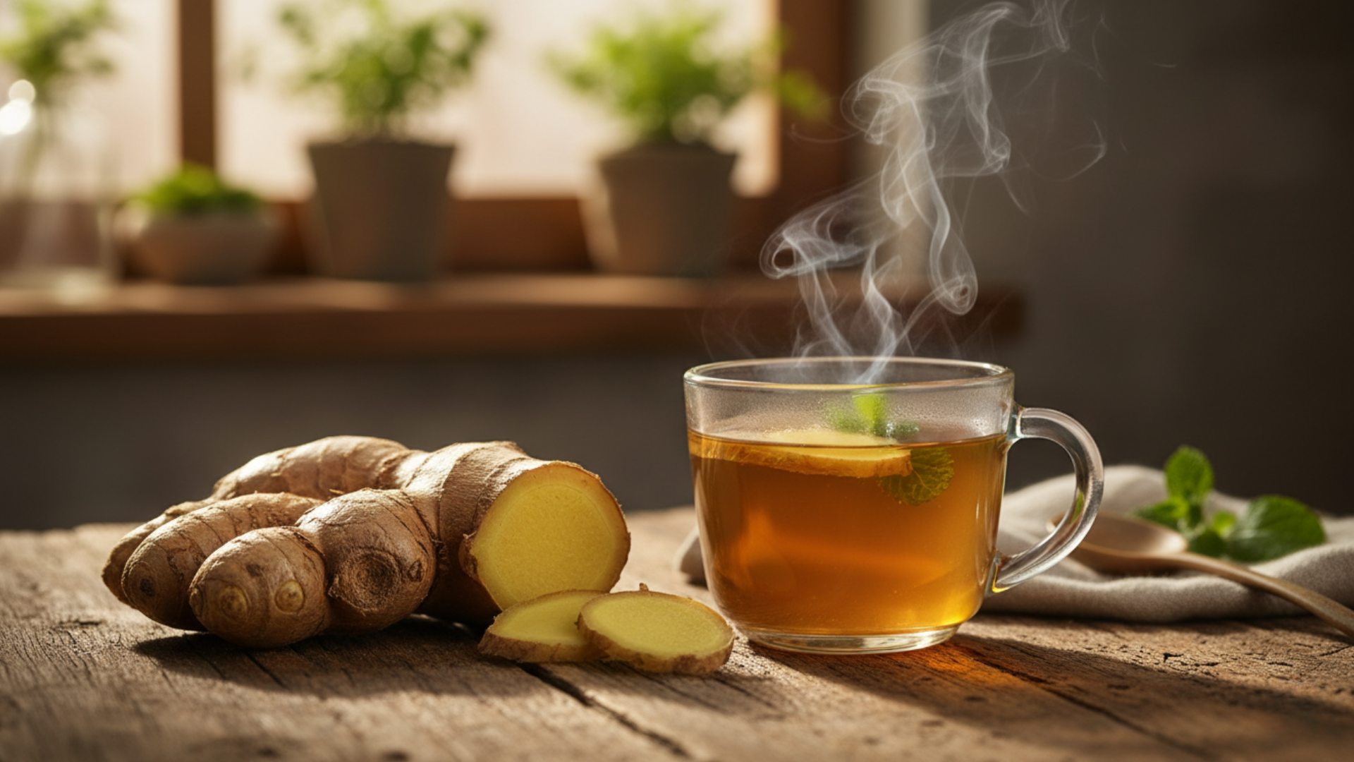 Fresh ginger root and warm ginger tea used as a natural remedy for nausea and digestive discomfort