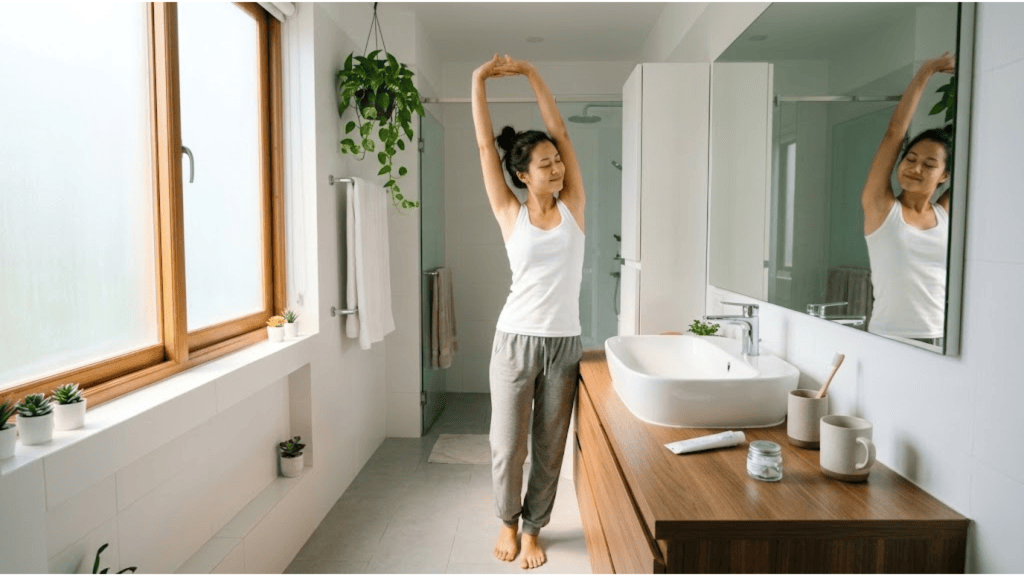 person adding a breathing habit after brushing teeth as part of a daily mental health routine