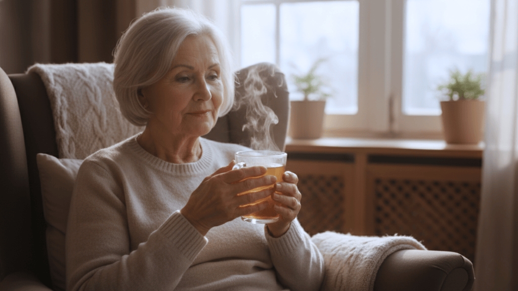 Person drinking warm herbal tea to soothe stomach discomfort