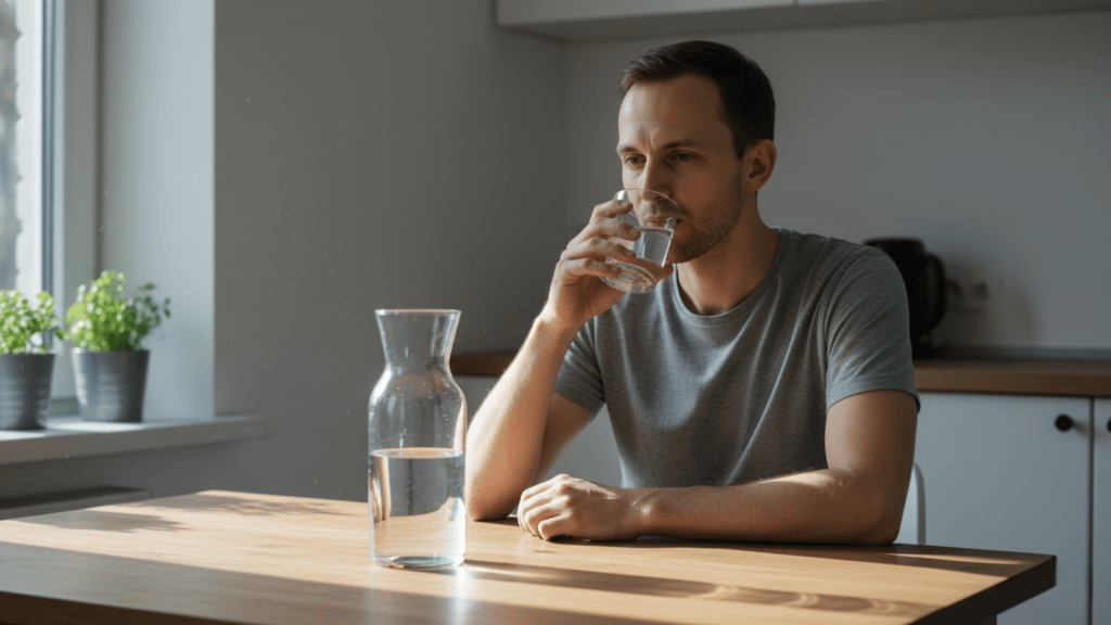 Person drinking water to prevent dehydration during diarrhea