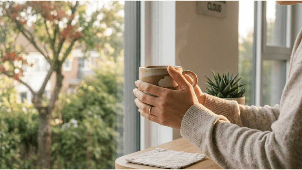 mindful morning coffee moment near a bright window