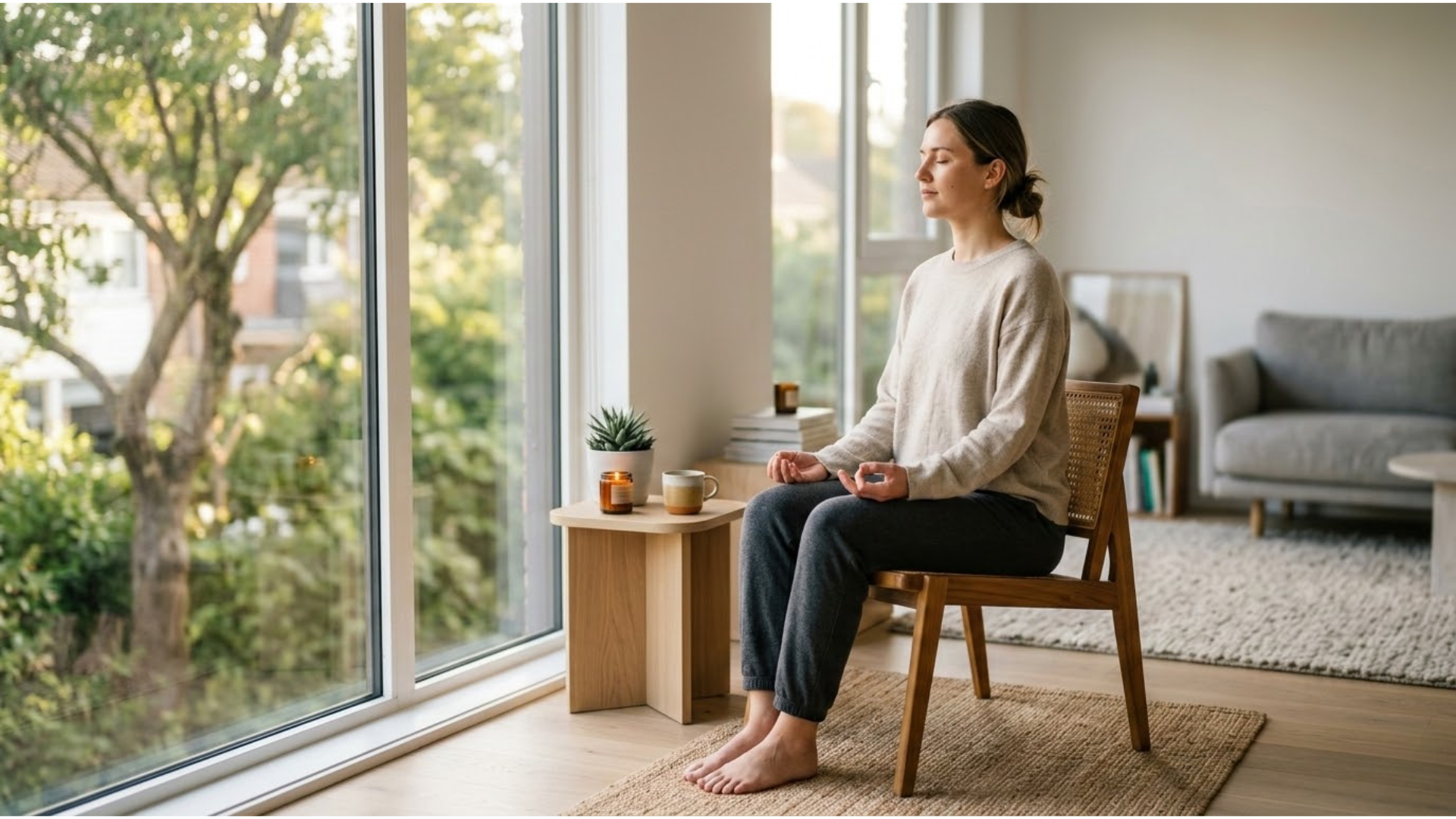 beginner practicing mindfulness breathing exercise at home in morning sunlight