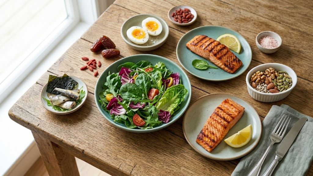 Healthy meal with salmon, greens, eggs and nuts supporting bone mineralization