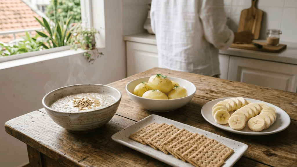 bland foods for diarrhea recovery including oatmeal potatoes crackers and bananas