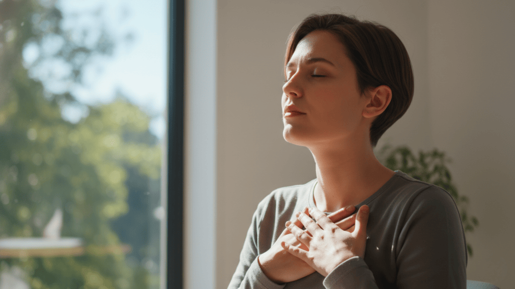 beginner practicing mindful breathing exercise indoors with natural daylight