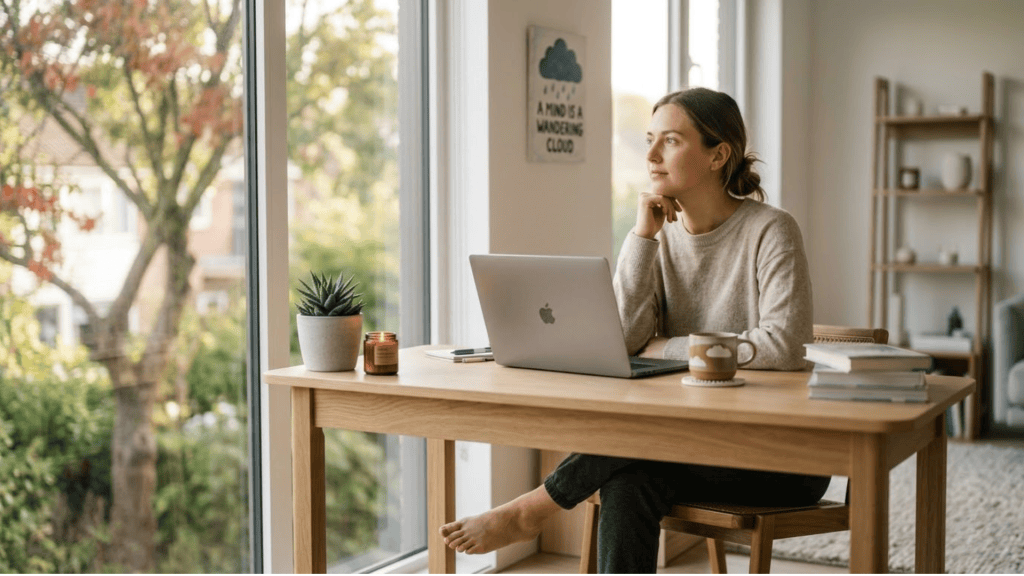 person experiencing wandering thoughts while sitting at a desk with coffee